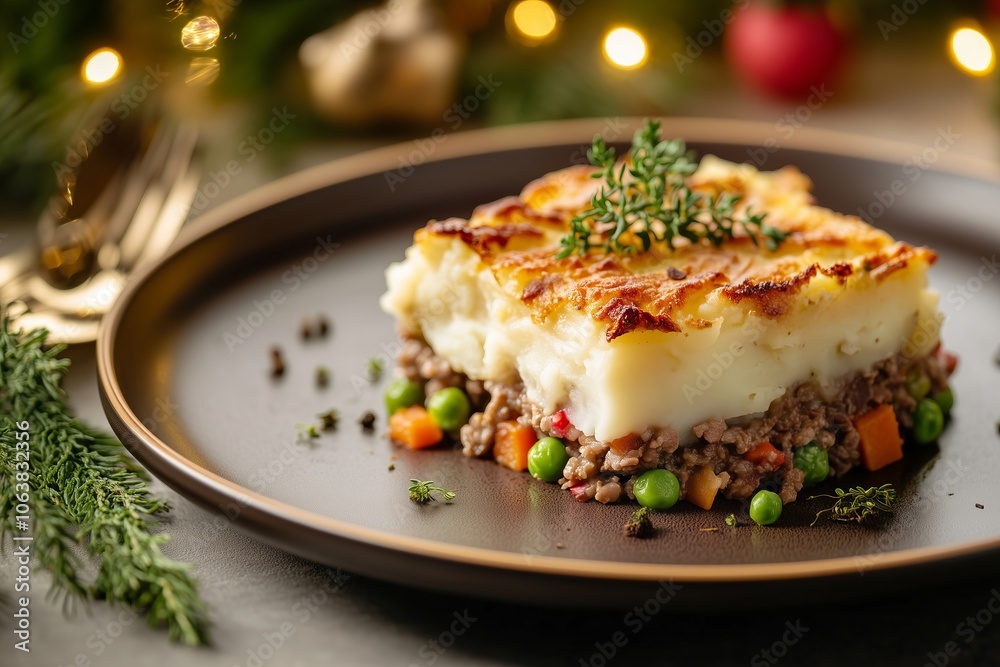 gourmet version of shepherd’s pie, presented with artistic plating, featuring layers of creamy mashed potatoes, tender lamb, and seasonal vegetables gourmet version of shepherd’s pie, presented with artistic plating, featuring layers of creamy mashed potatoes, tender lamb, and seasonal vegetables