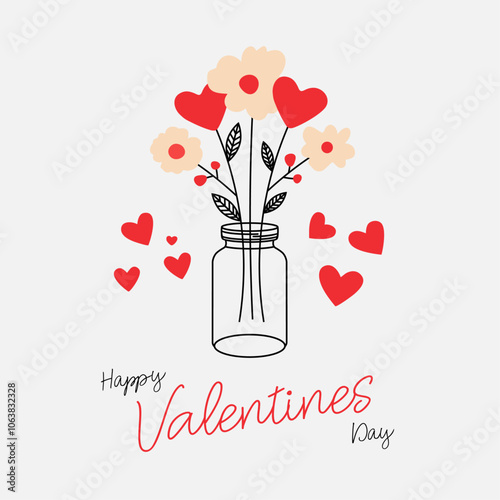 Valentines Day Card with flowers and hearts, minimal, modern. Happy Valentines Day Logo