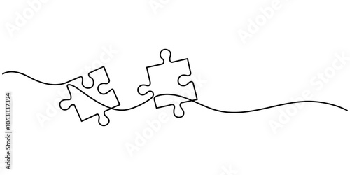 Puzzle pieces continuous line drawing. Problem solving solution business concept Vector illustration, Three puzzle pieces of one continuous line drawn. One hand-drawn line of jigsaw puzzle element. 