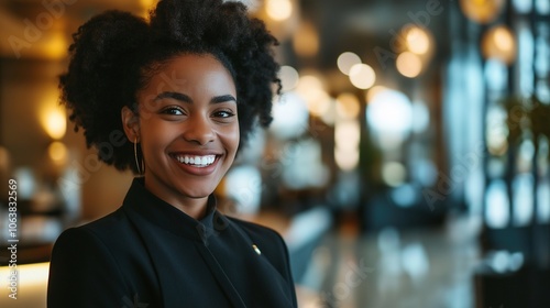 cheerful hotel concierge assisting guests in a modern, upscale lobby with marble floors