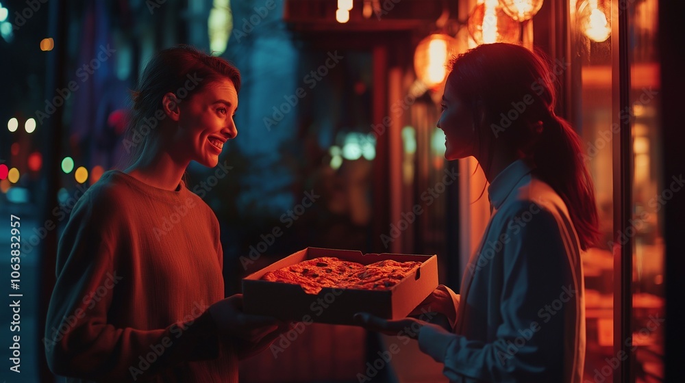 Fototapeta premium courier handing over a pizza box to a customer with a smile