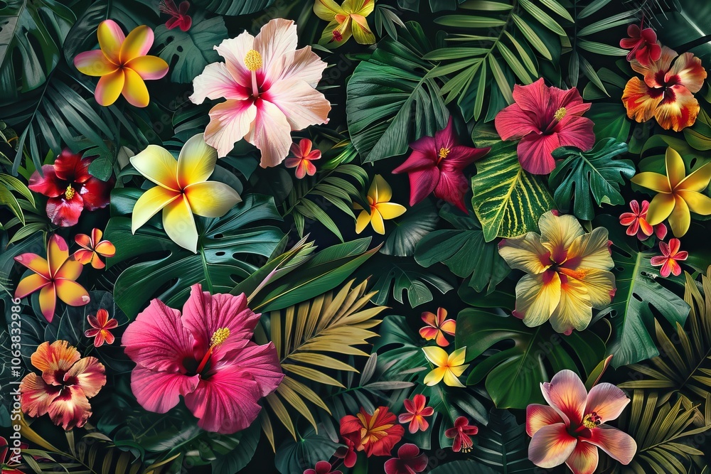 An intricate tropical floral pattern with an array of colorful flowers and green leaves An intricate tropical floral pattern with an array of colorful flowers and green leaves