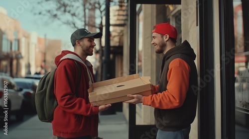 courier handing over a pizza box to a customer with a smile