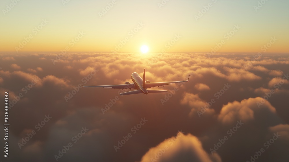 Naklejka premium courier jet flying over the clouds, carrying cargo in its hold, with the sun rising on the horizon,