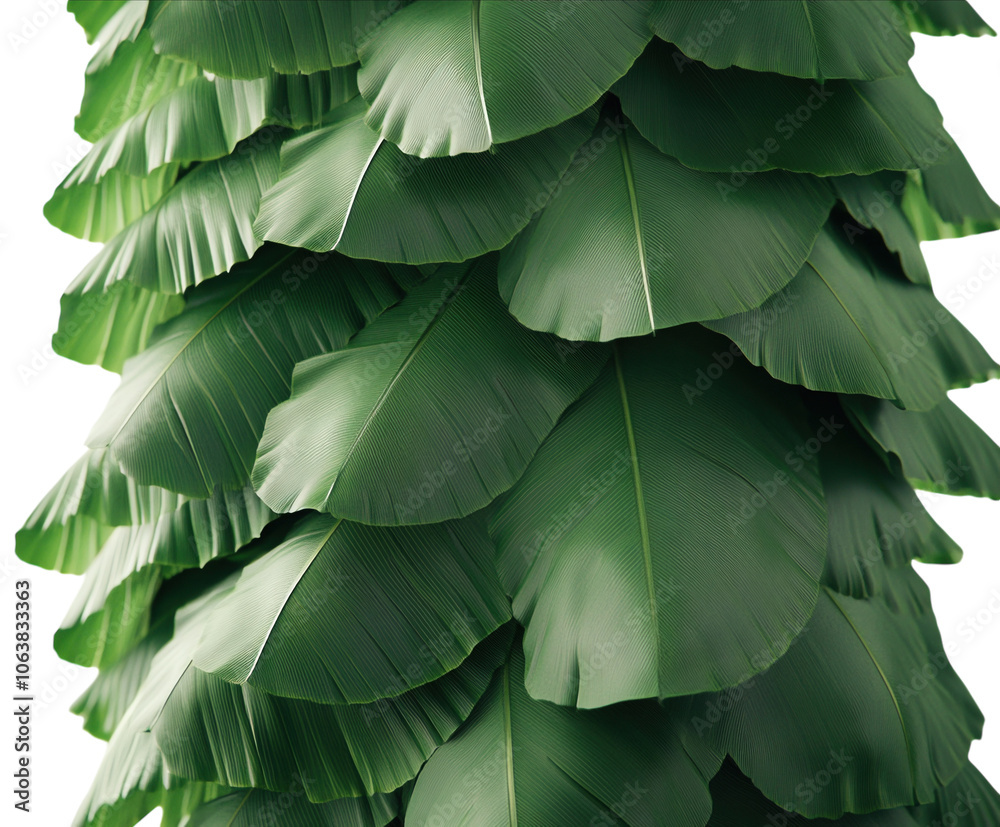 Naklejka premium Green banana leaves stacked on a white background, centered and well-lit from the front. PNG transparent.