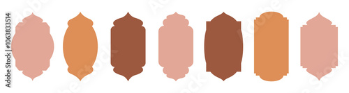 Set of oriental style Islamic windows and arches with modern boho design. Design elements for greeting cards, invitations, banners, posters. Vector illustration