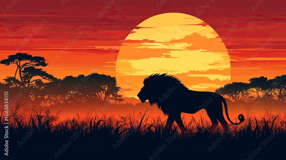 A silhouette of a lion combined with a savanna landscape at sunrise