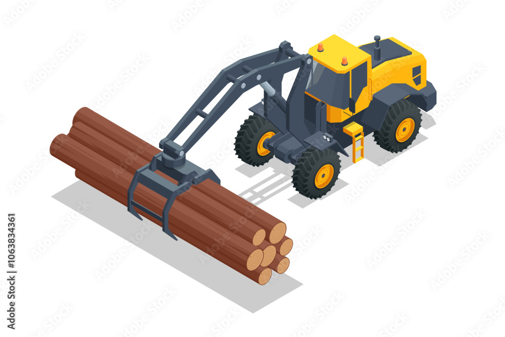 Isometric Log Loader. Loading equipment for logging. Log loader for timber, logs. The log loader moves a stack of pine logs. Lumber industry. Woodworking factory. Isometric Log Loader. Loading equipment for logging. Log loader for timber, logs. The log loader moves a stack of pine logs. Lumber industry. Woodworking factory.