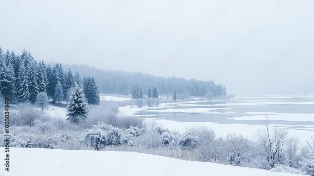 A serene winter landscape with snow-covered trees and a frozen lake, icy, trees A serene winter landscape with snow-covered trees and a frozen lake, icy, trees