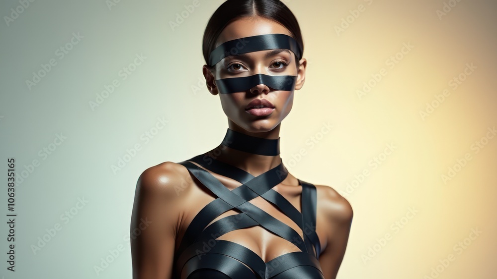 Female model wearing creative tape art, posed elegantly in front of a glowing circular backdrop for a modern look Female model wearing creative tape art, posed elegantly in front of a glowing circular backdrop for a modern look
