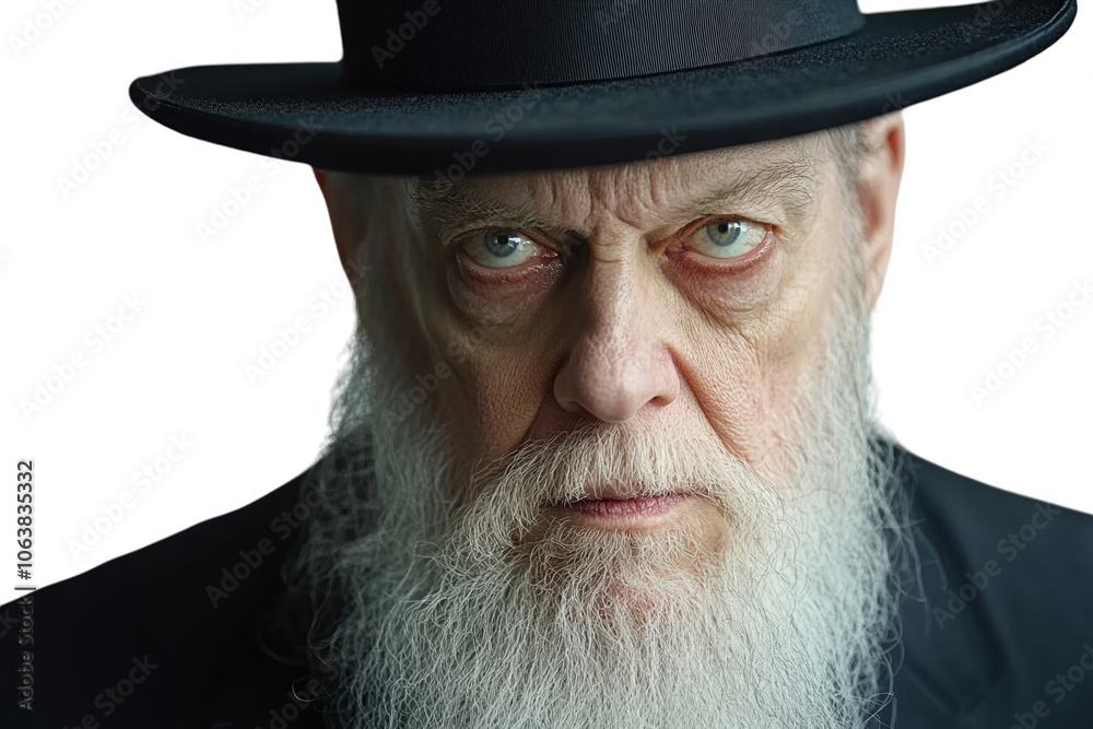 Elderly man with white beard and traditional black hat, serious expression, white background. PNG transparent. Elderly man with white beard and traditional black hat, serious expression, white background. PNG transparent.