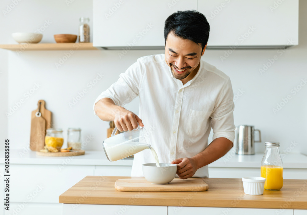 A man in a white shirt happily pours milk into a bowl while preparing breakfast in a bright modern kitchen A man in a white shirt happily pours milk into a bowl while preparing breakfast in a bright modern kitchen