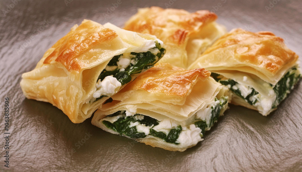 Crispy, golden bourekas, spinach and feta cheese, Mediterranean vegetarian appetizer. AI Crispy, golden bourekas, spinach and feta cheese, Mediterranean vegetarian appetizer. AI