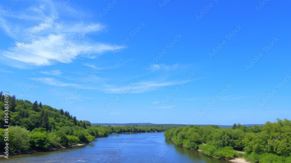 A serene landscape with lush green trees, a flowing river, and a clear blue sky, green, background A serene landscape with lush green trees, a flowing river, and a clear blue sky, green, background