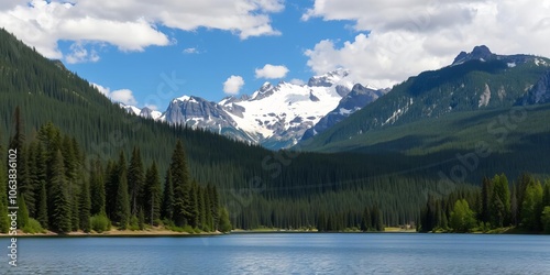 A serene mountain landscape reflecting in a crystal-clear lake with snow-capped peaks in the background, nature, tranquil