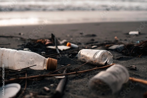 The image shows a collection of plastic bottles in a clear trash bag photo