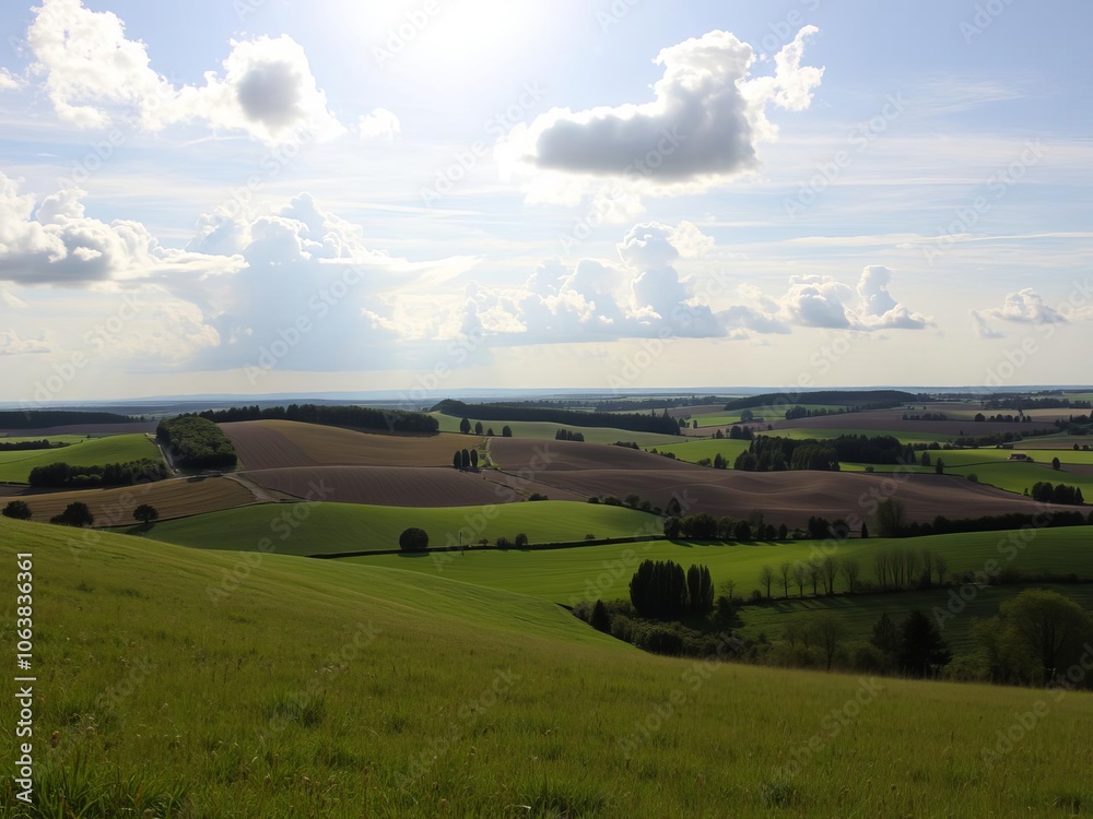 A serene landscape of rolling hills covered in lush green fields under a clear blue sky, grass, meadow A serene landscape of rolling hills covered in lush green fields under a clear blue sky, grass, meadow