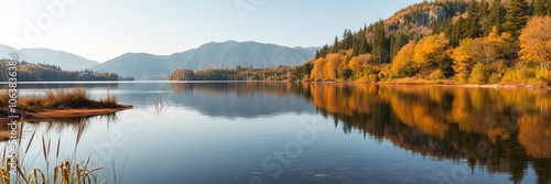 A serene landscape of lush green forest with a tranquil lake reflecting the clear blue skies above, trees, serene