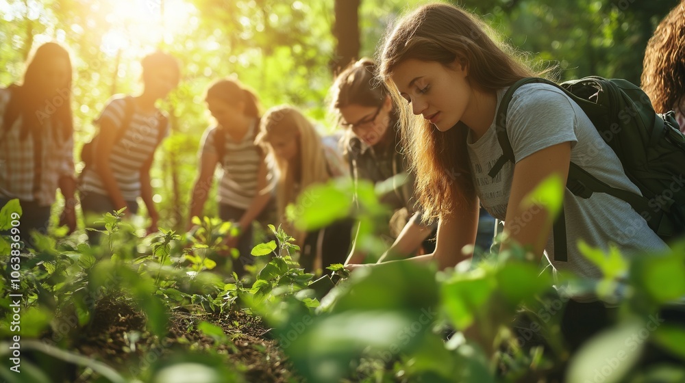 Fototapeta premium group of students engaged in an outdoor botany class, examining plant samples