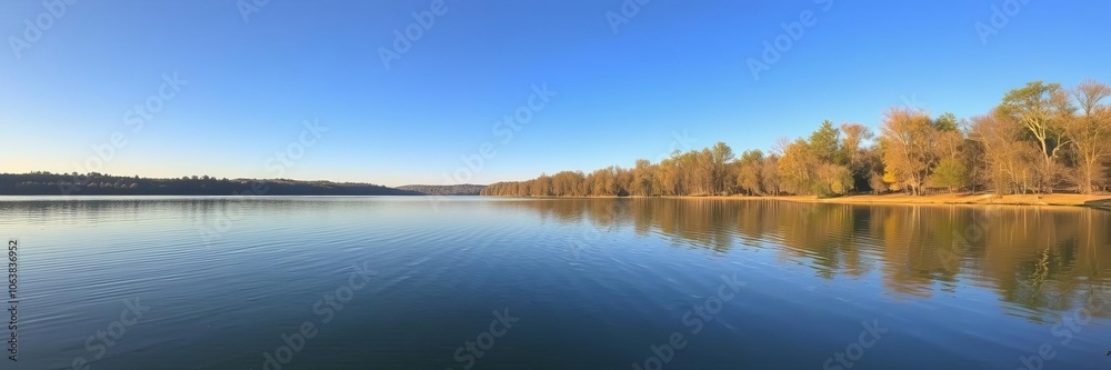 A serene lake reflecting the surrounding trees under a clear blue sky, landscape, reflection A serene lake reflecting the surrounding trees under a clear blue sky, landscape, reflection