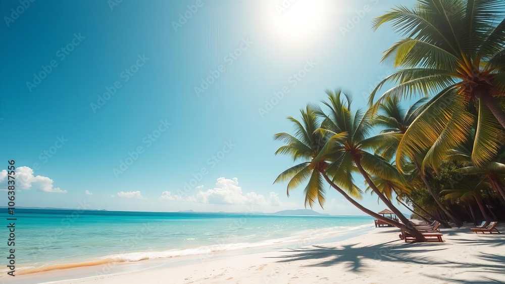 Obraz premium A serene beach scene with crystal clear blue water, white sandy shores, and palm trees swaying in the gentle breeze, paradise, relaxation