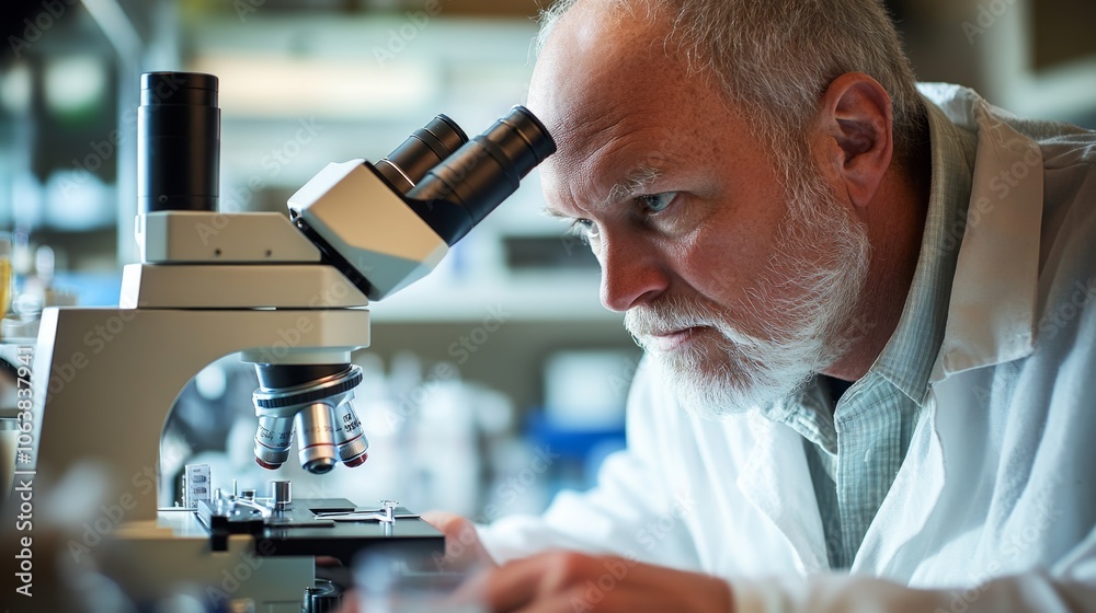 Expert scientist analyzes samples under microscope in laboratory Expert scientist analyzes samples under microscope in laboratory