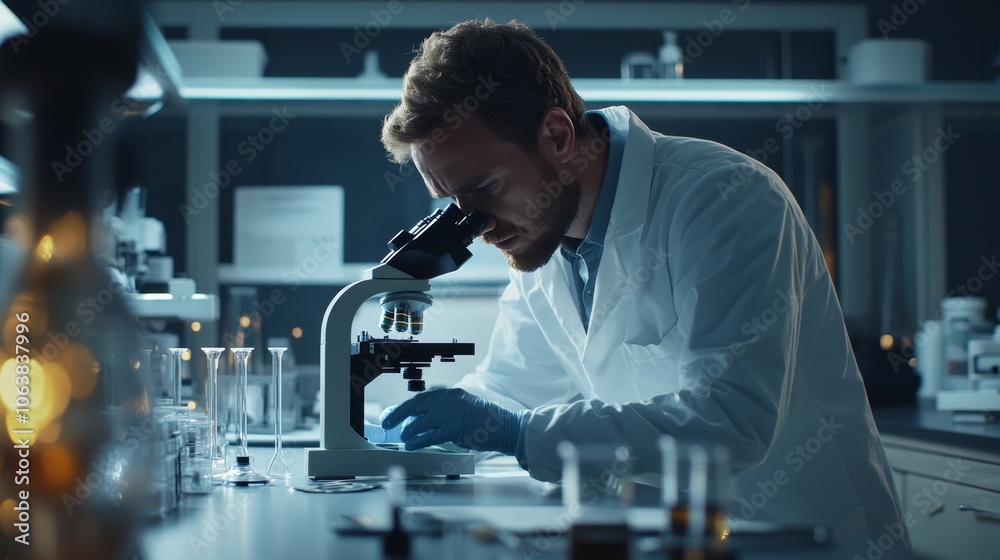 Scientist analyzes samples under microscope in modern laboratory Scientist analyzes samples under microscope in modern laboratory