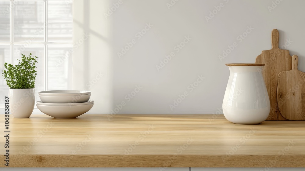 Wooden tabletop with a white vase and bowls on a kitchen countertop display. Minimalist kitchen interior design with a clean and modern aesthetic. Wooden tabletop with a white vase and bowls on a kitchen countertop display. Minimalist kitchen interior design with a clean and modern aesthetic.