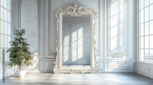 A large  ornate mirror stands in a white room with two windows  sunlight streaming in. A small potted plant is placed on the left side of the room.