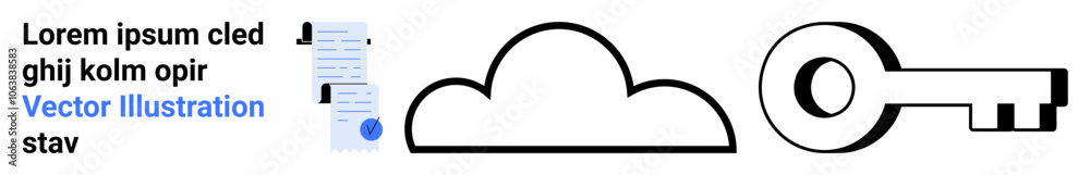 Cloud outline beside a key and document with text and profile images. Ideal for cyber security, cloud storage, data protection, digital access, privacy, tech services, and secure information. Landing