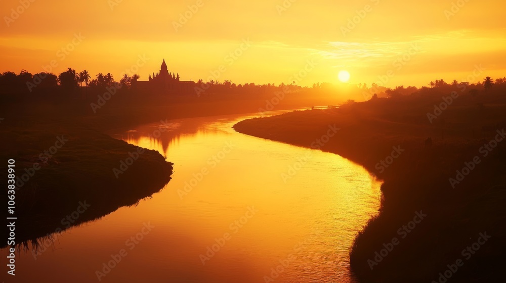 Fototapeta premium Serene Sunset at Ancient Temple: Majestic River Reflections Capturing Nature's Timeless Beauty