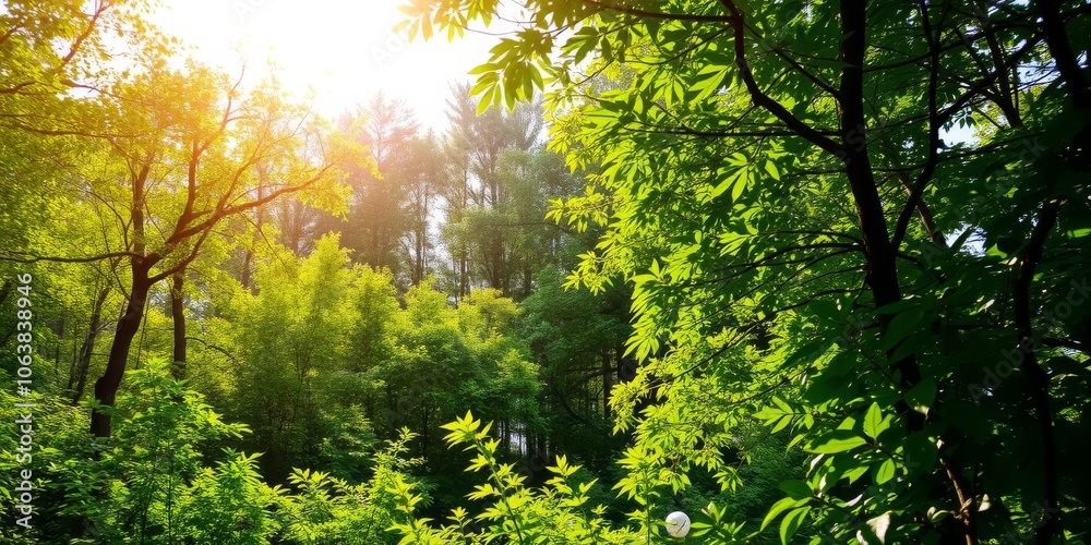 Obraz premium A lush green forest with sunlight filtering through the trees, creating a peaceful and serene natural background, vibrant, landscape