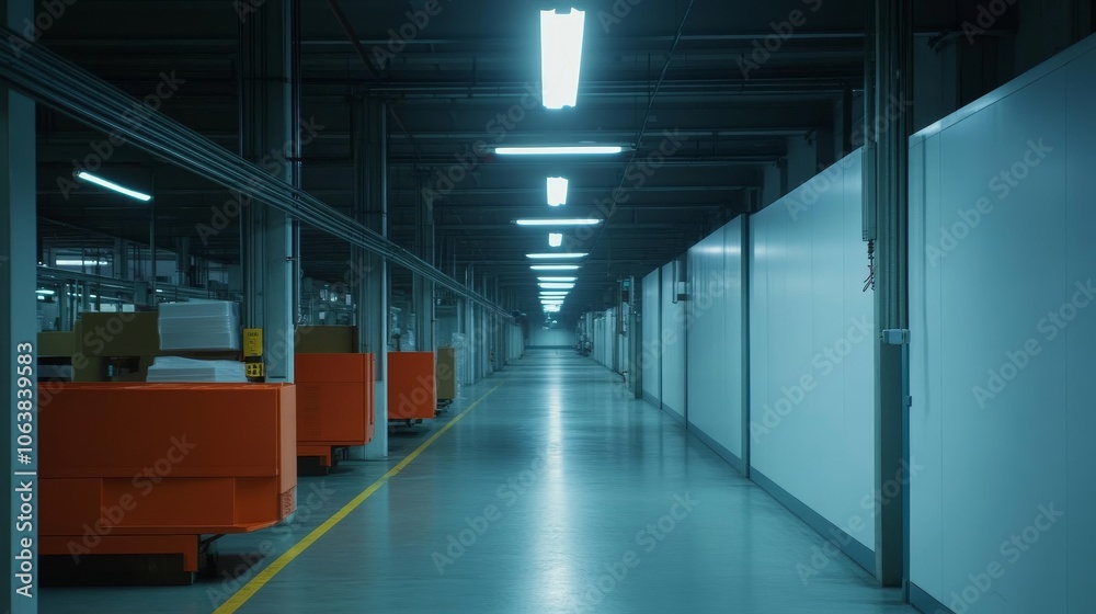 Fototapeta premium A long, narrow industrial corridor with fluorescent lighting, white walls and a concrete floor. The corridor is lined with orange carts. The image symbolizes efficiency, production, and industrial des