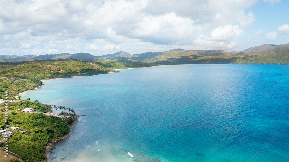 Aerial shot of amazing tropical panorama of Rincon bay.Samana peninsula,beautiful Rincon beach,Dominican Republic. Aerial shot of amazing tropical panorama of Rincon bay.Samana peninsula,beautiful Rincon beach,Dominican Republic.
