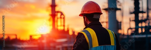 A male worker in a hard hat and safety vest conducts an inspection of industrial equipment at a refinery or factory, silhouetted against a vibrant sunset. The image symbolizes hard work, dedication, s photo