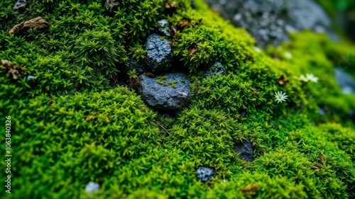 A close-up shot of vibrant green moss covering a rocky surface in a forest, flora, green