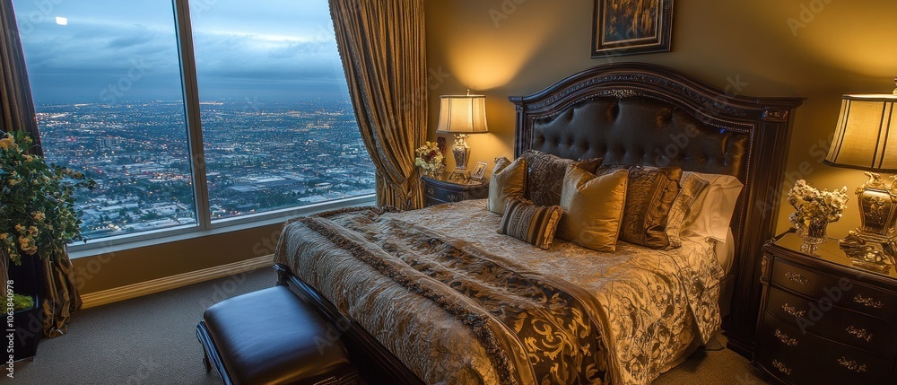 A luxurious bedroom with a stunning city view at dusk. A luxurious bedroom with a stunning city view at dusk.