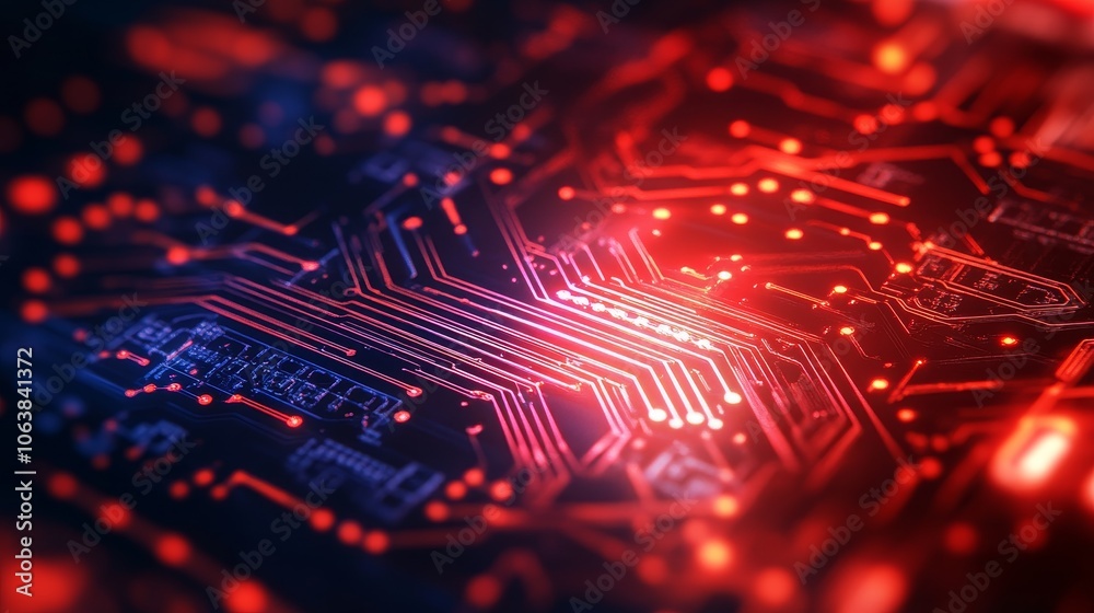 A vibrant, futuristic circuit board with glowing red elements symbolizing technology, security, connectivity, innovation, and digital advancement.