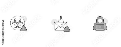 Cybersecurity Threats. Icons Included: Unauthorized Access, Phishing Email, Biohazard Alert