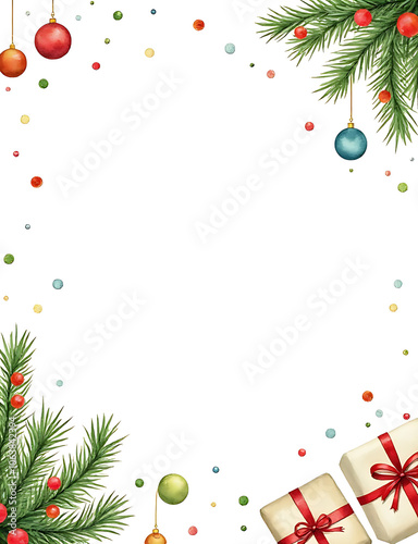 Fotografie A watercolor design featuring fir branches colorful balls and wrapped gifts in a