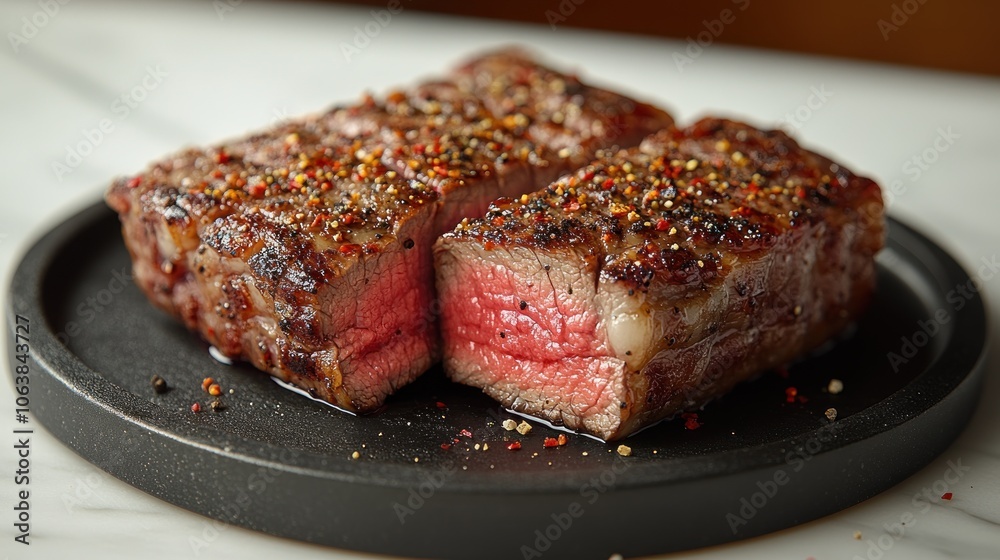 Juicy cuts of steak resting on a sleek plate, showcasing a mouthwatering sear Juicy cuts of steak resting on a sleek plate, showcasing a mouthwatering sear