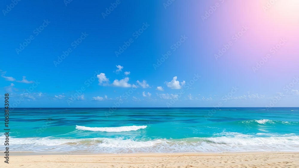 Fototapeta premium A vibrant beach scene with colorful umbrellas, lounge chairs, and clear blue water, waves, paradise