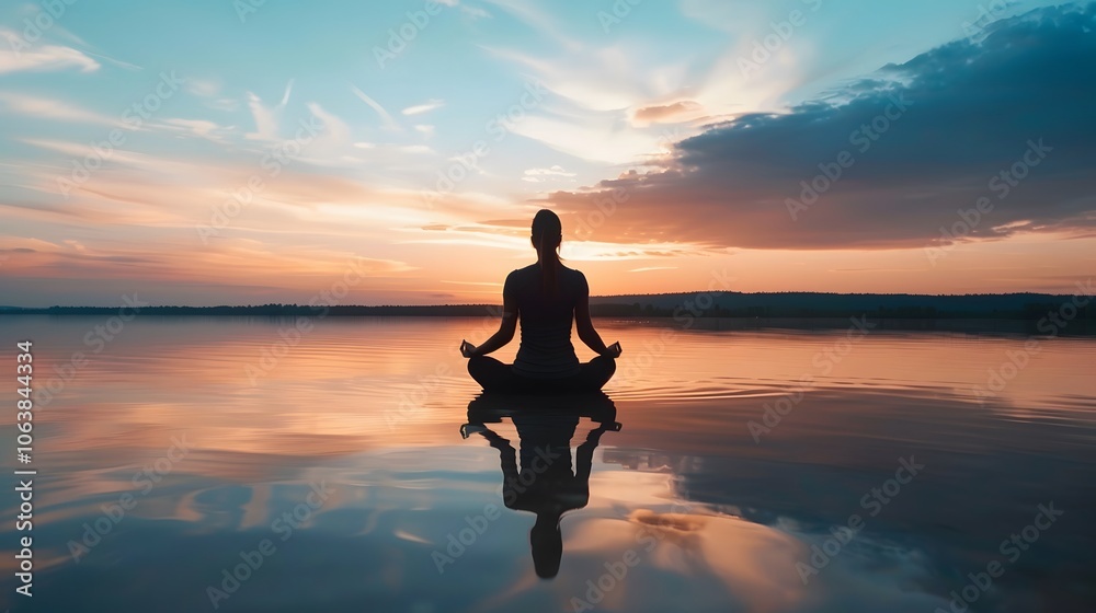 Peaceful Meditation Silhouette Reflected in Serene Lake at Sunset Peaceful Meditation Silhouette Reflected in Serene Lake at Sunset
