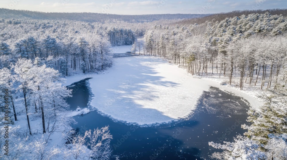 An aerial view of a frozen lake surrounded by snow-covered trees, capturing the serene and peaceful winter landscape. An aerial view of a frozen lake surrounded by snow-covered trees, capturing the serene and peaceful winter landscape.