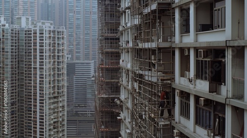 A high-angle view of scaffolding on a high-rise, juxtaposed with the towering urban skyline, illustrating urban development and modern architecture.