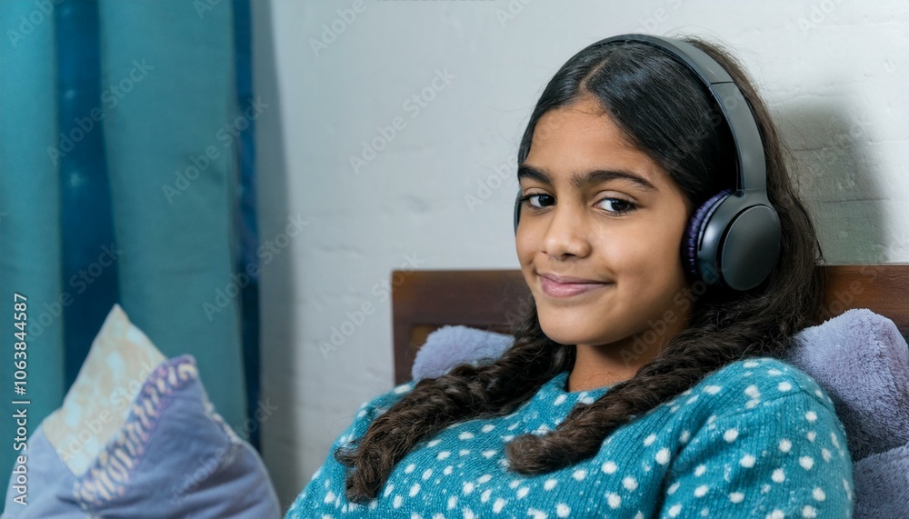 A teen relaxing in their bedroom with wireless headphones A teen relaxing in their bedroom with wireless headphones