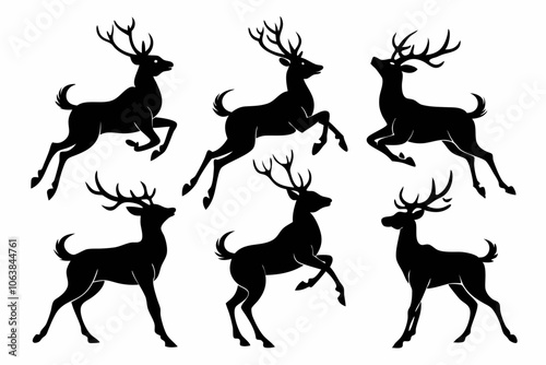 A collection of different deer silhouette, Collection of reindeer silhouette isolated on white background. vector illustration