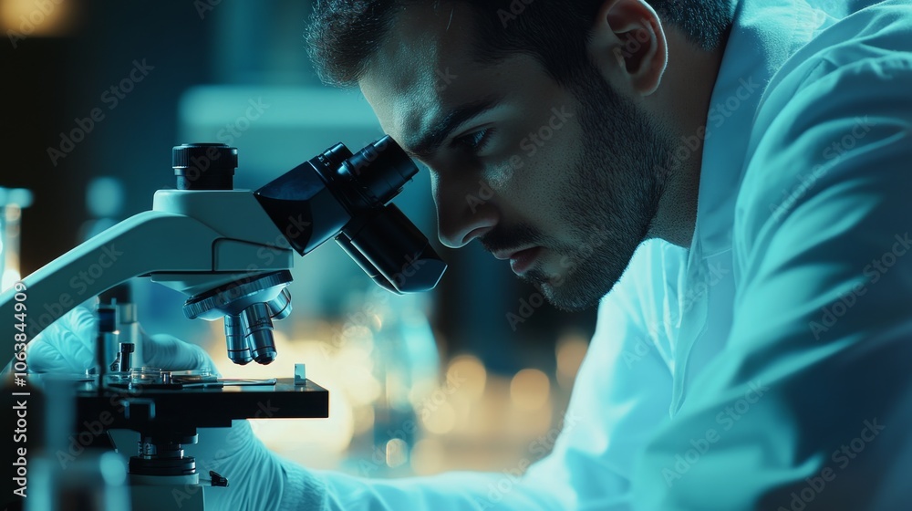 Scientist examines specimen under microscope for research purposes Scientist examines specimen under microscope for research purposes