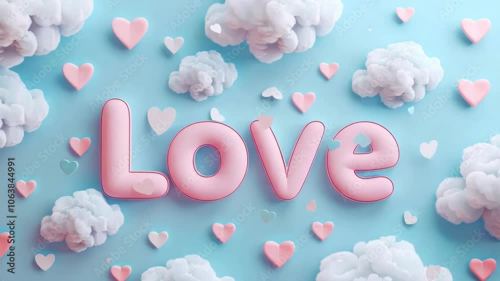 Valenitines day heart A blue background with fluffy white clouds and pink hearts scattered throughout. The word 