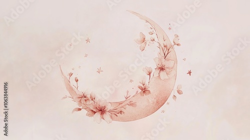 Fototapeta Naklejka Na Ścianę i Meble -  A crescent moon with delicate pink blossoms in a watercolor style.